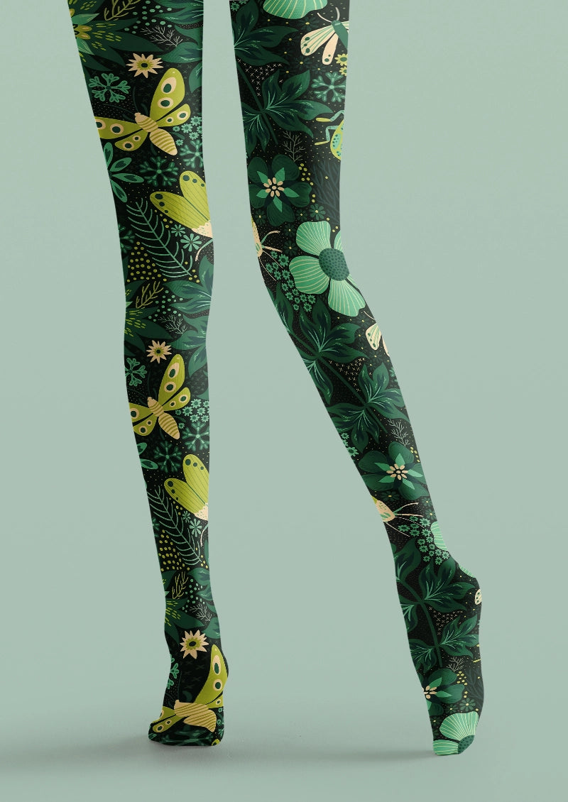 Botanical Moth and Floral Print Tights Hosiery Pantyhose