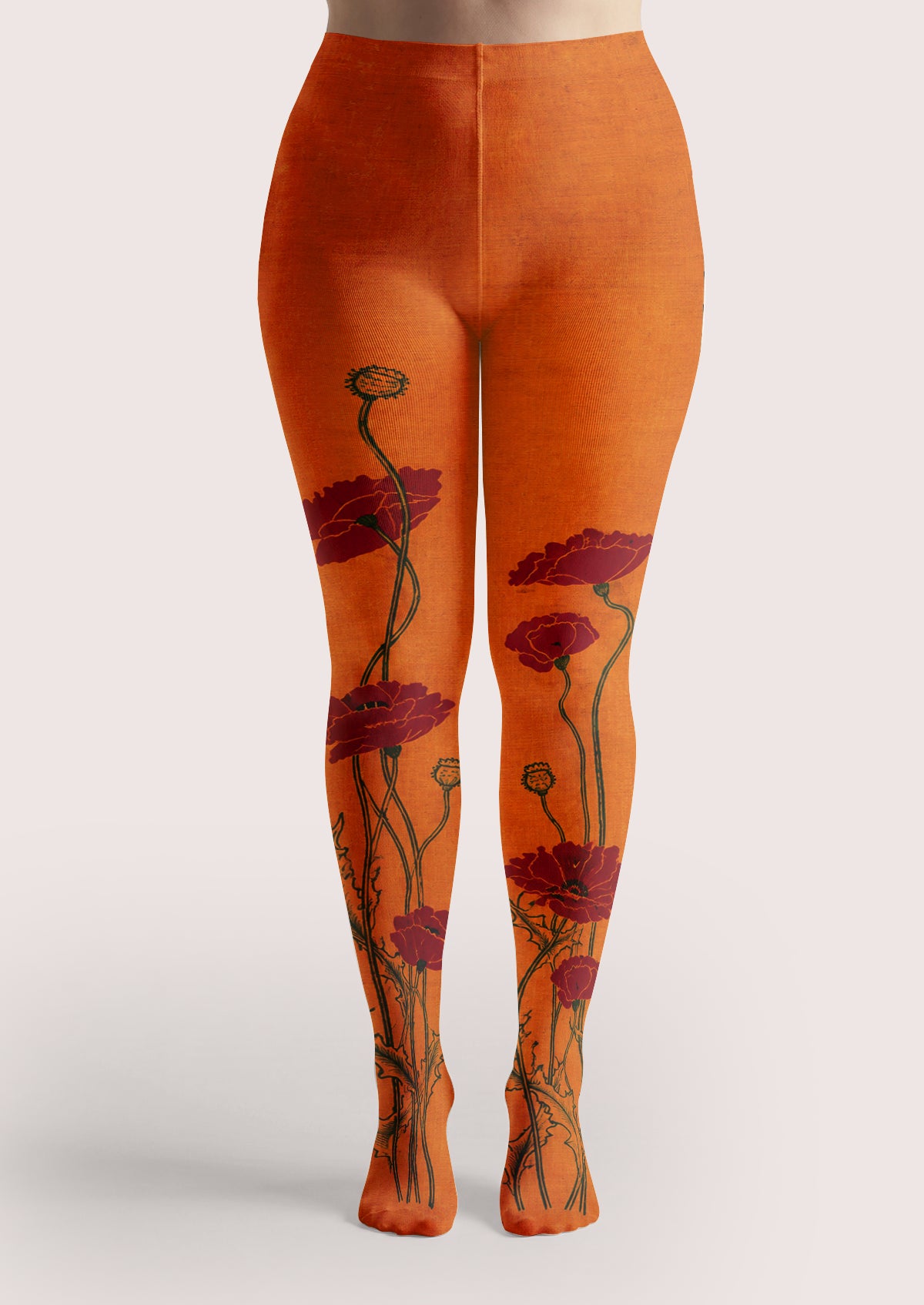 Orange Red Poppy Floral Tights
