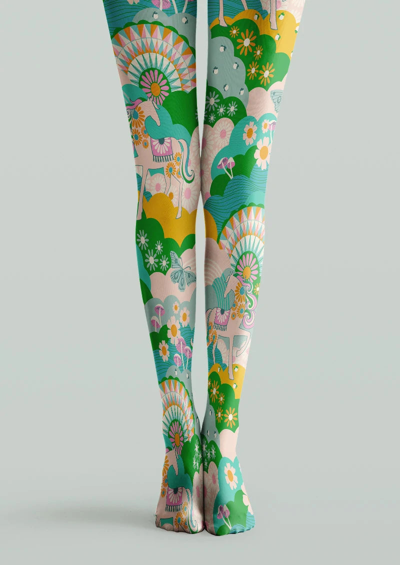 Retro Carousel Garden Graphic Tights Hosiery Pantyhose