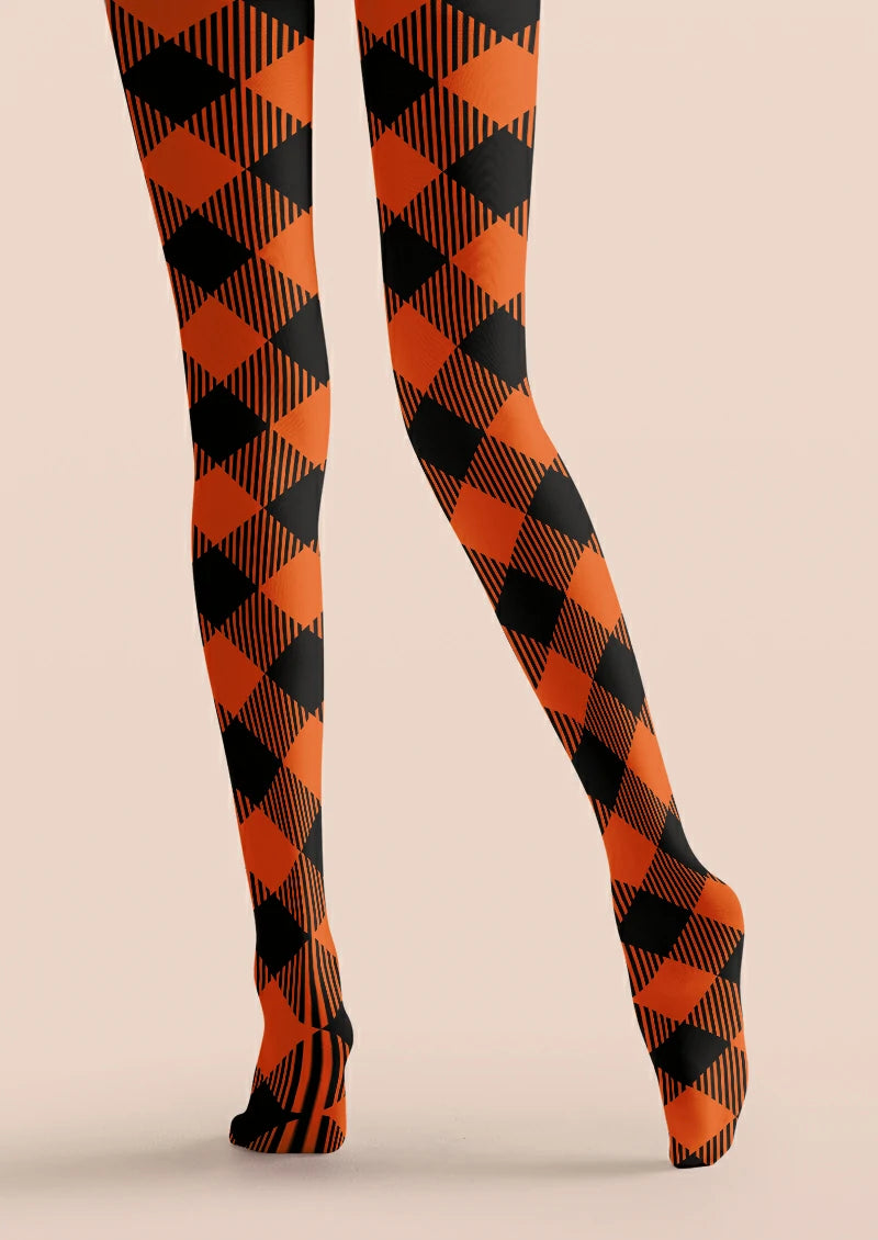 Orange and black printed tights with repeating solid and finely striped diamonds across the legs and feet