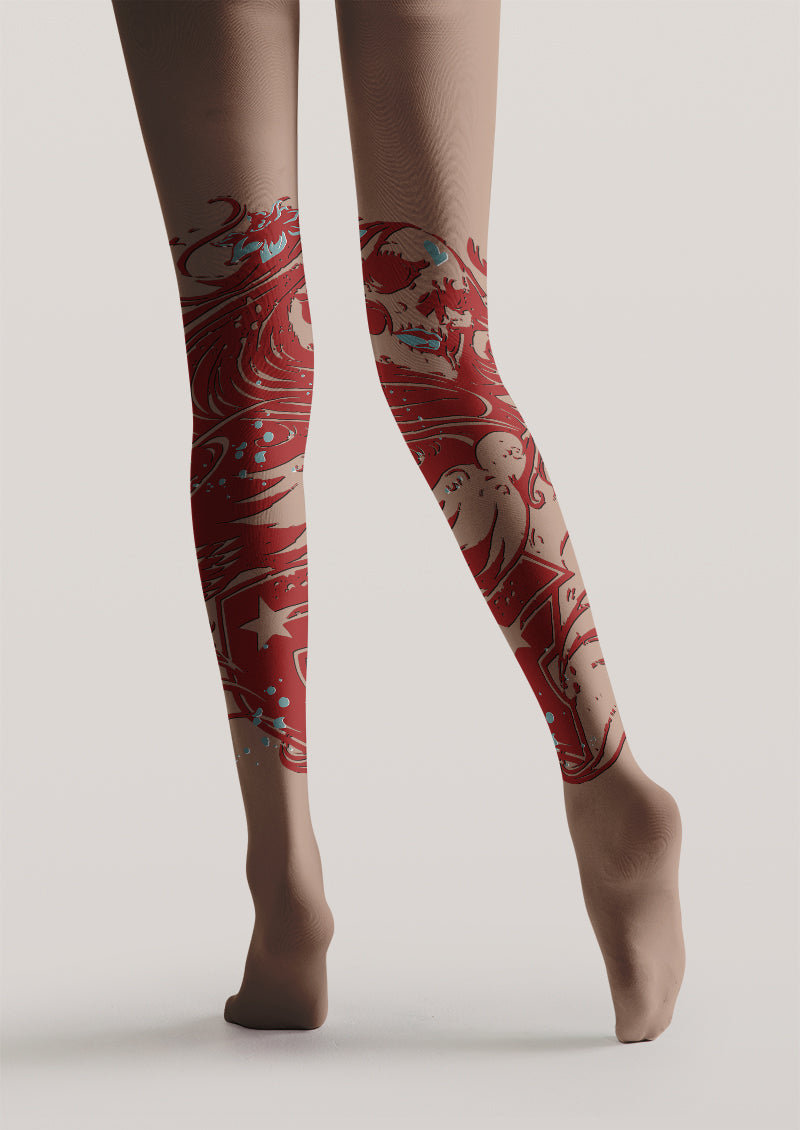 Red Wave Graphic Tattoo Print Tights Hosiery Pantyhose