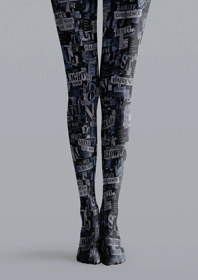 Black printed tights with layered gray newspaper headlines, affirmations, and muted navy details