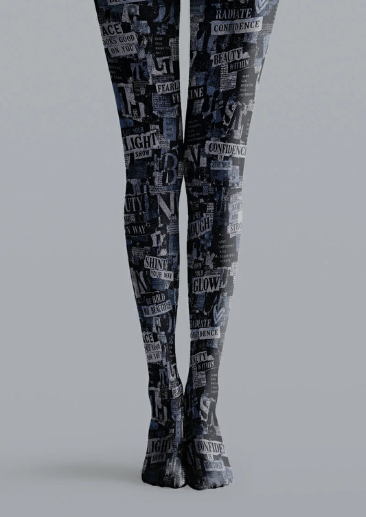 Black printed tights with layered gray newspaper headlines, affirmations, and muted navy details
