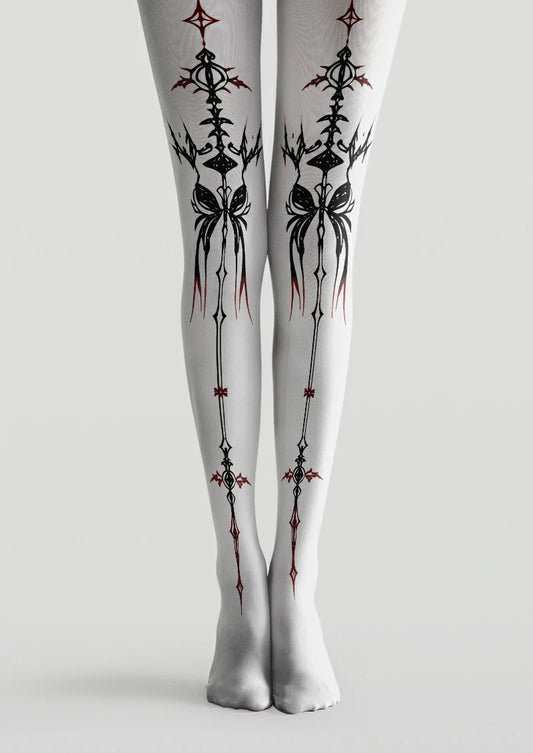 Gray printed tights with mirrored black gothic butterfly tattoo motifs and burgundy accents