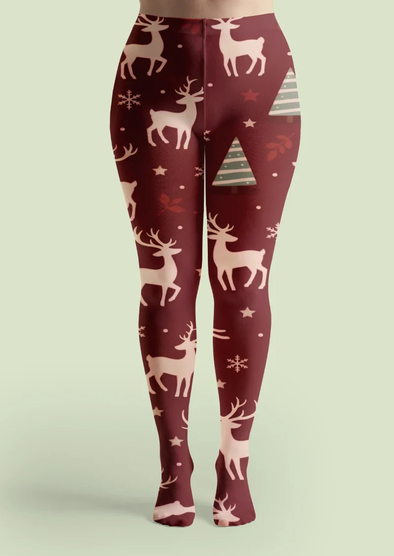 Burgundy Christmas Reindeer Tights