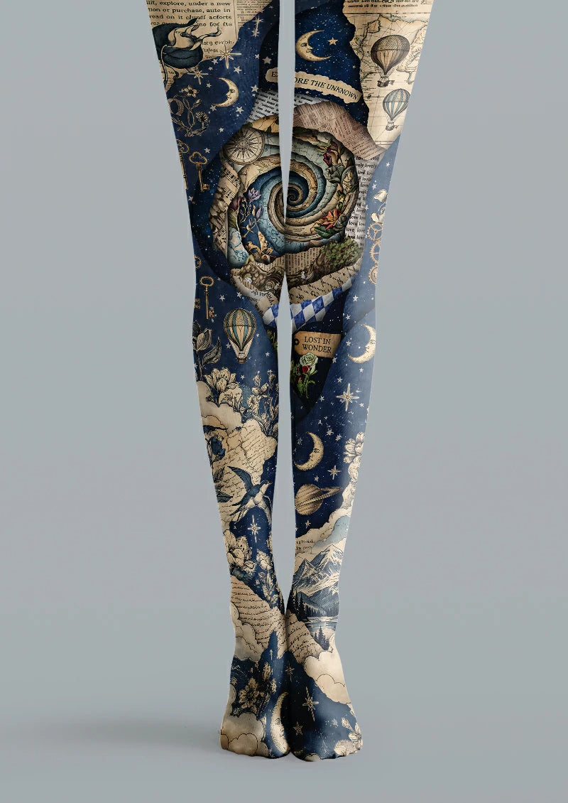 Navy printed tights with moons, stars, keys, hot air balloons, maps, flowers and collage details