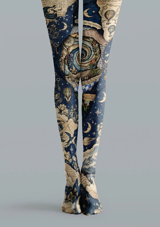 Navy printed tights with moons, stars, keys, hot air balloons, maps, flowers and collage details