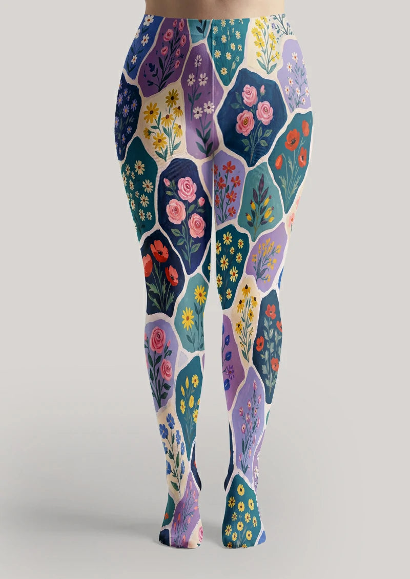 Blue Floral Patchwork Tights