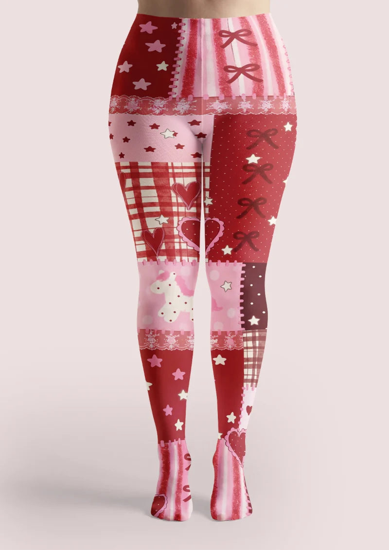 Brown Pink Floral Patchwork Tights