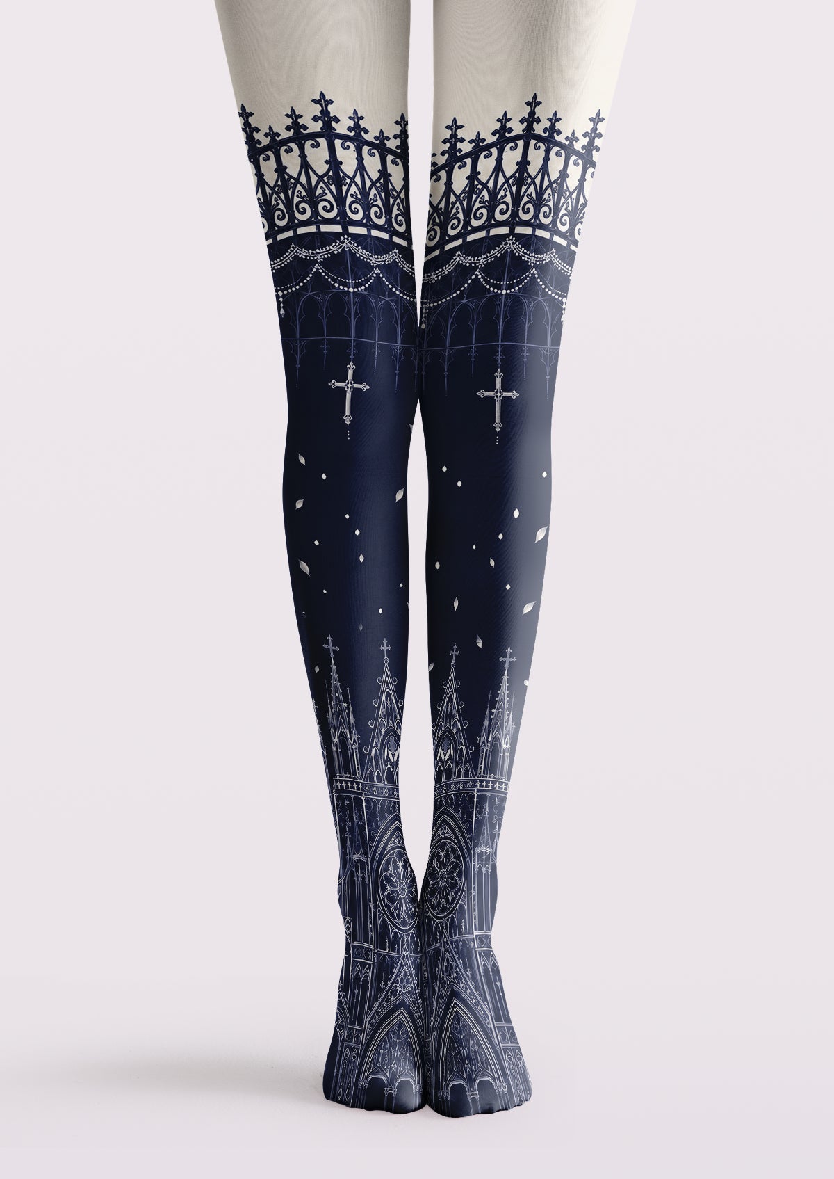 Navy printed tights with gothic arches, cathedral structures, iron gate motifs, crosses, and white architectural details.