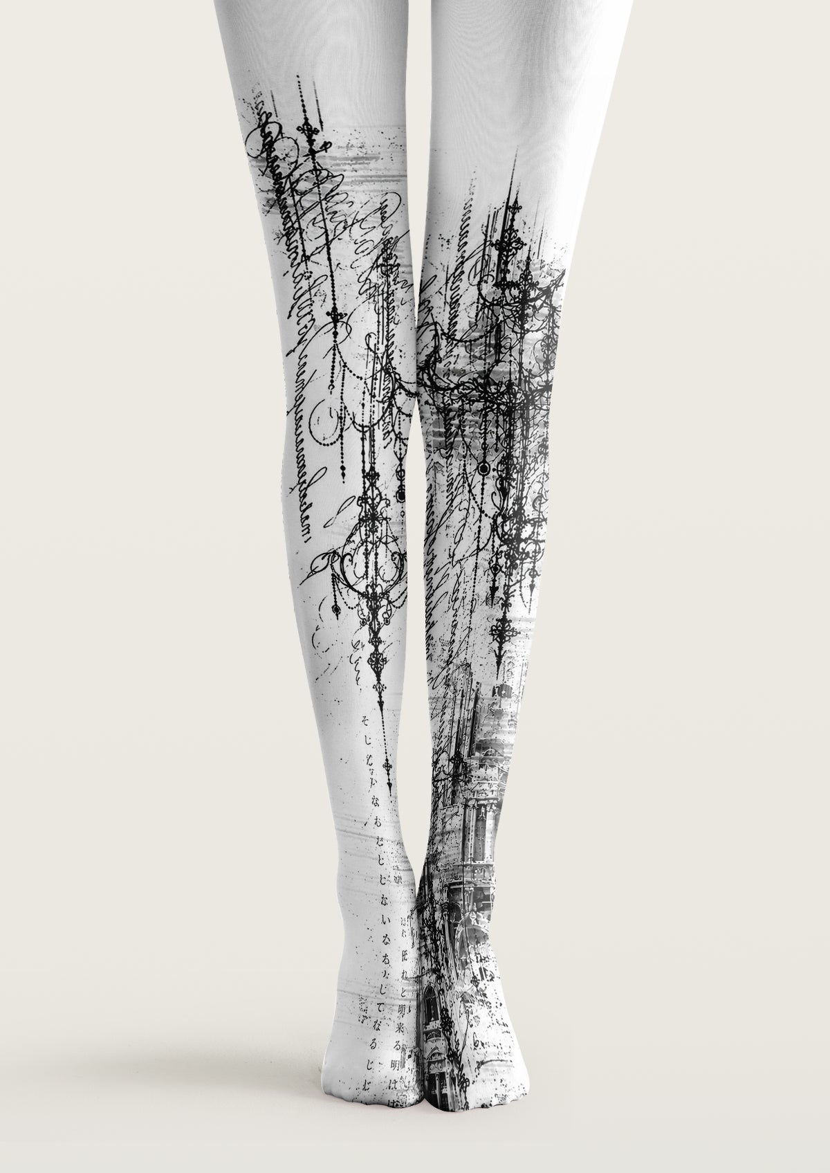 White printed tights with black tattoo-style sketches, abstract lines, architectural details, and geometric marks.