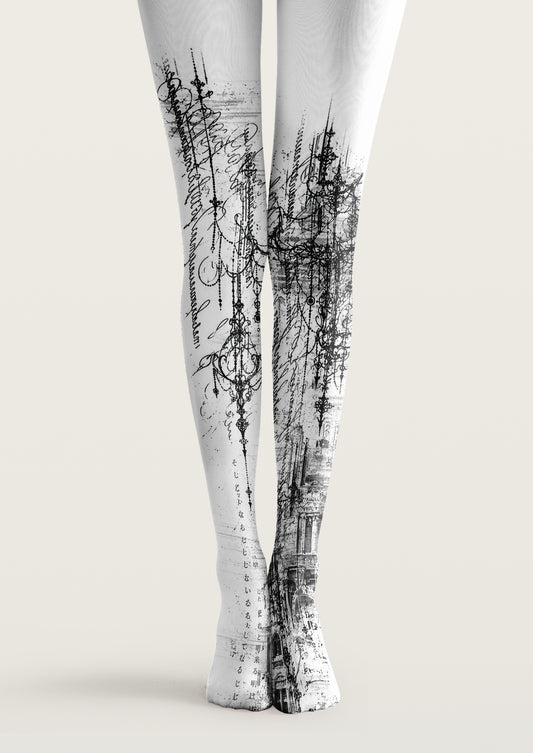White printed tights with black tattoo-style sketches, abstract lines, architectural details, and geometric marks.