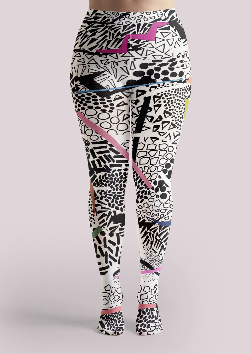 White Black Abstract Geometric Tights