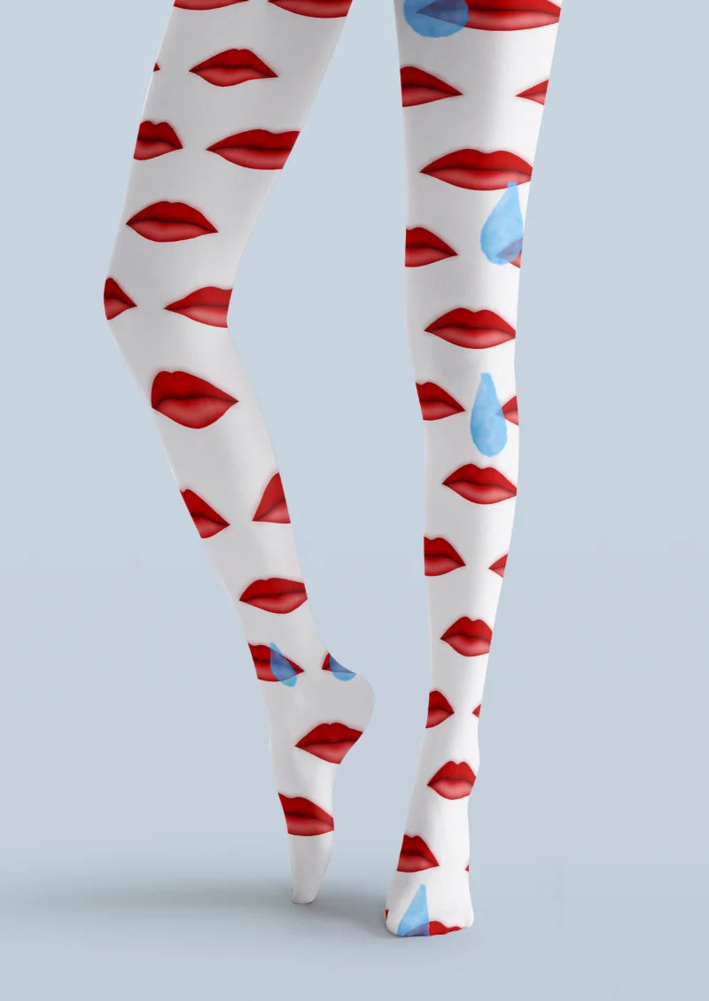 White Red Lip Print Tights