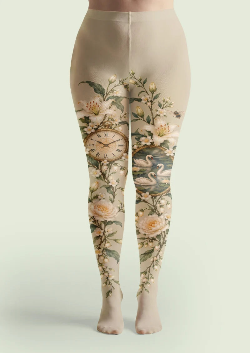Beige Swan and Pocket Watch Tights