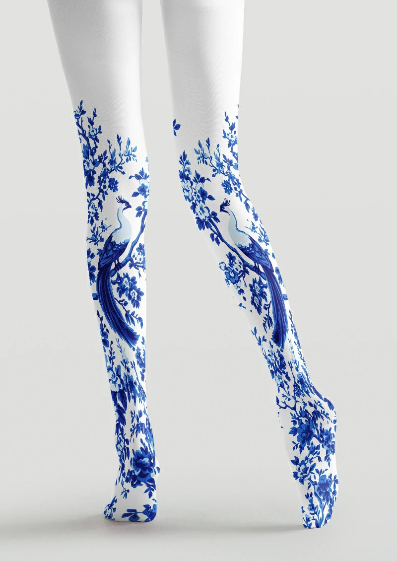 White Peacock Floral Tights