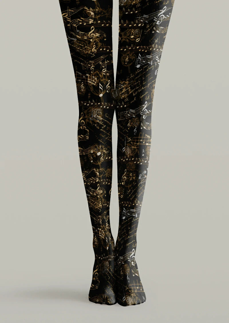 Black printed tights with bronze and white musical notes, treble clefs, script and rose illustrations