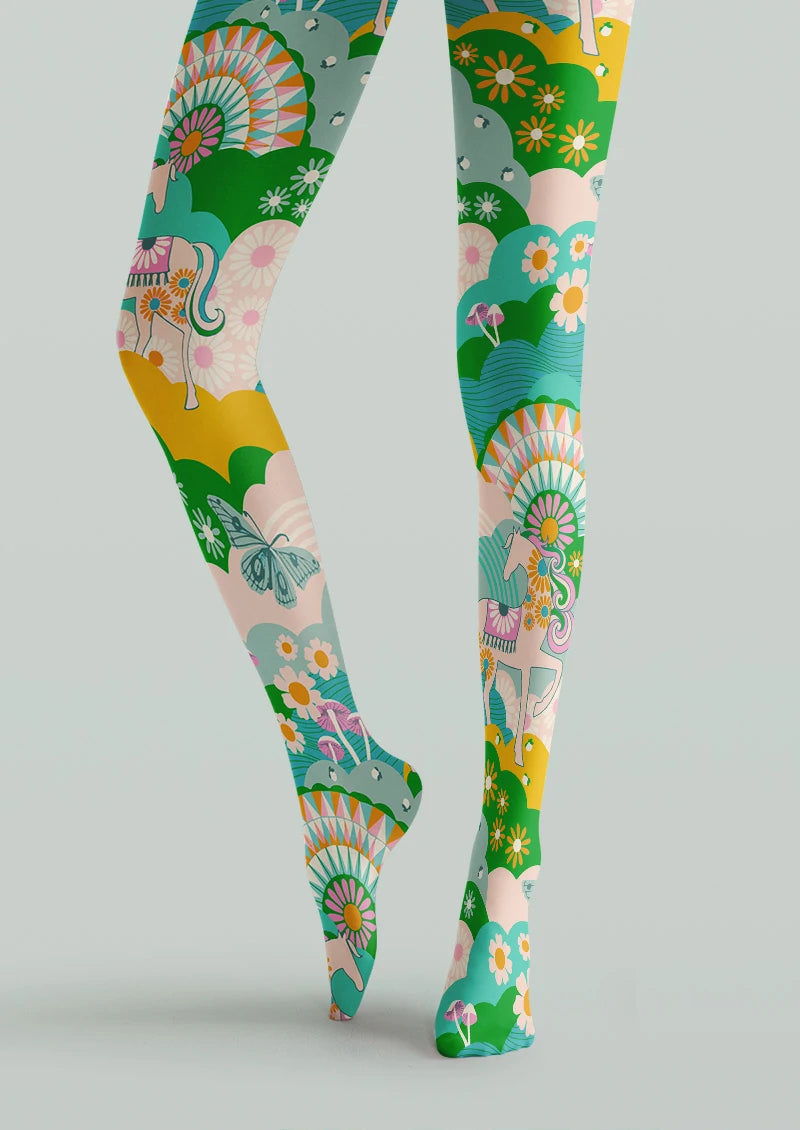 Retro Carousel Garden Graphic Tights Hosiery Pantyhose