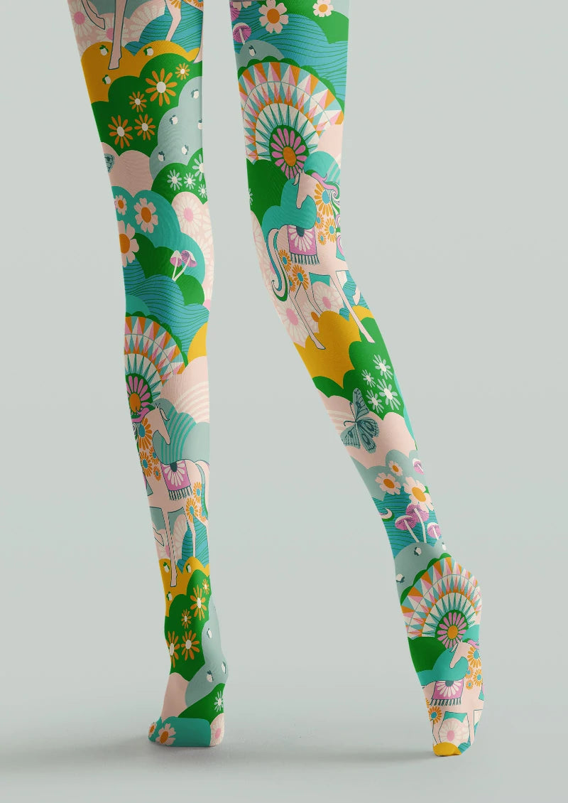 Retro Carousel Garden Graphic Tights Hosiery Pantyhose