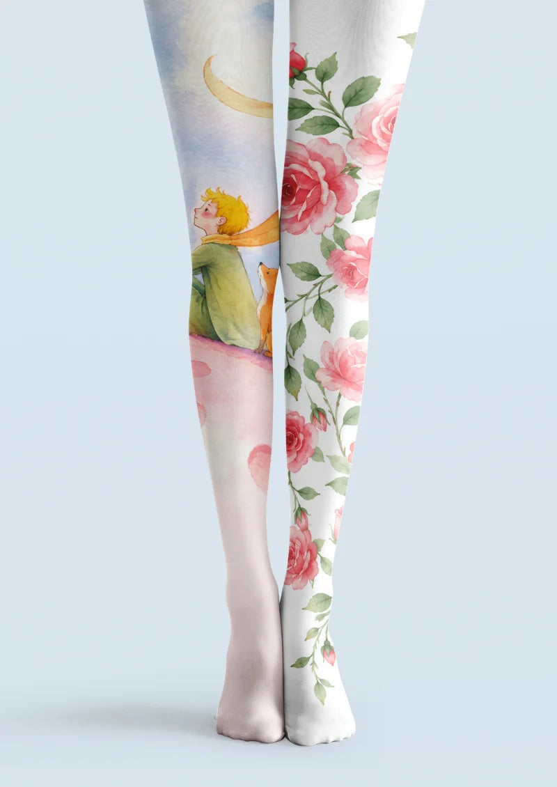 White tights with pink roses, green leaves, a blond figure, an orange fox and a yellow crescent moon.