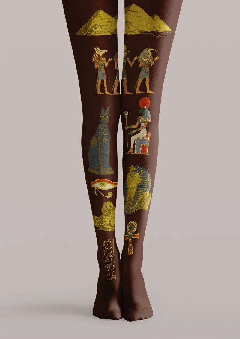 Brown printed tights with pyramids, Egyptian deities, Eye of Horus, pharaoh mask, and hieroglyphs