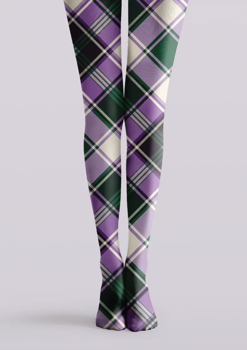 Purple and green printed tights with large ivory-accented plaid checks arranged across both legs