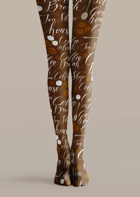 Brown printed tights with white coffee script, beans, sugar cubes, and spoon motifs