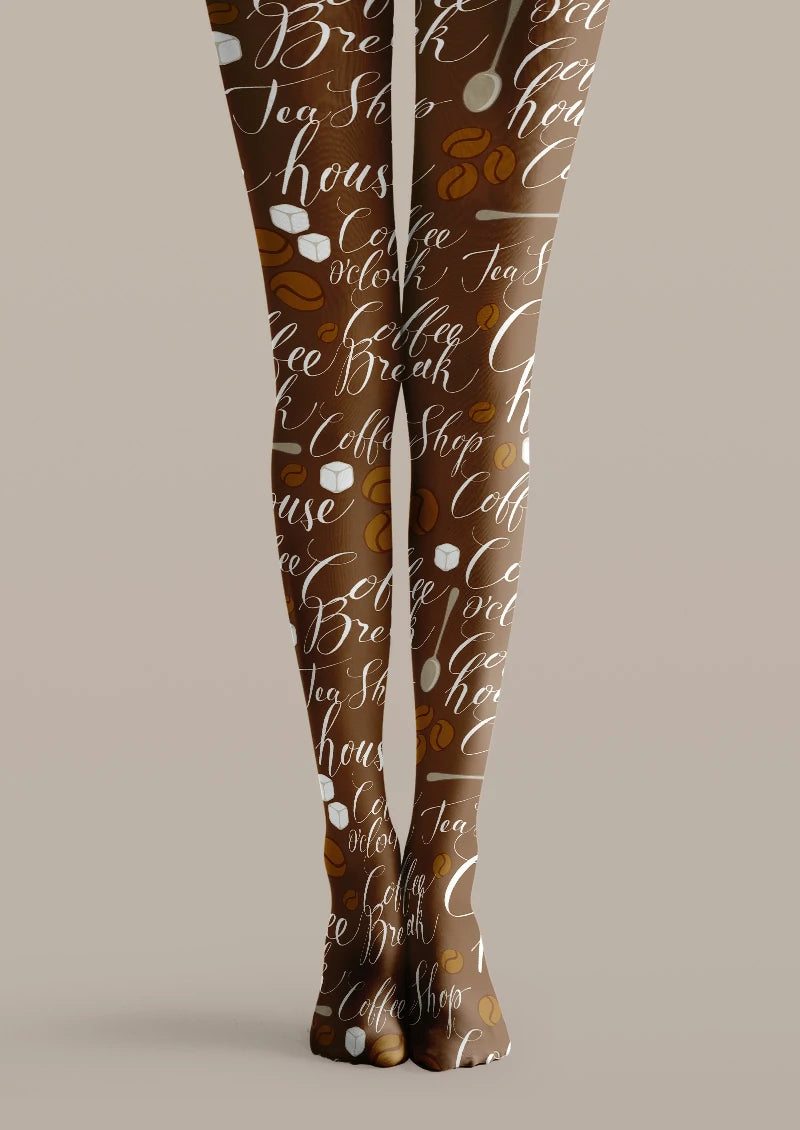 Brown printed tights with white coffee script, beans, sugar cubes, and spoon motifs