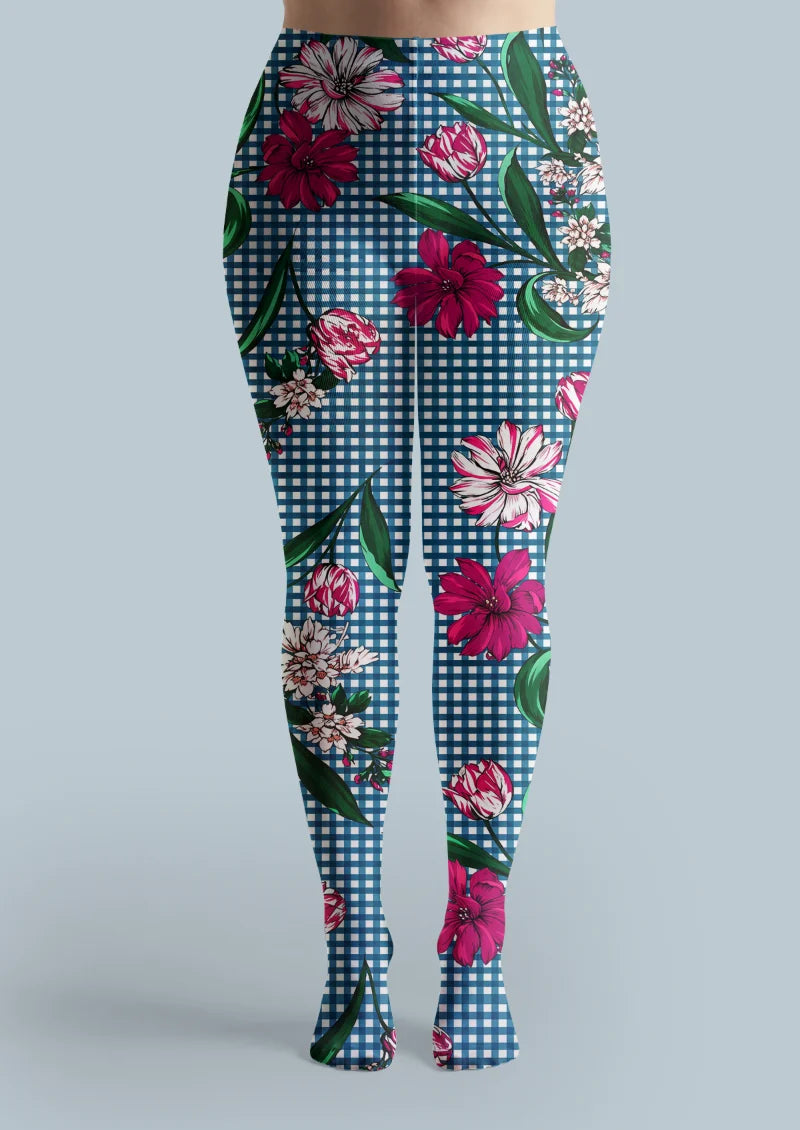 Blue Pink Floral Gingham Tights