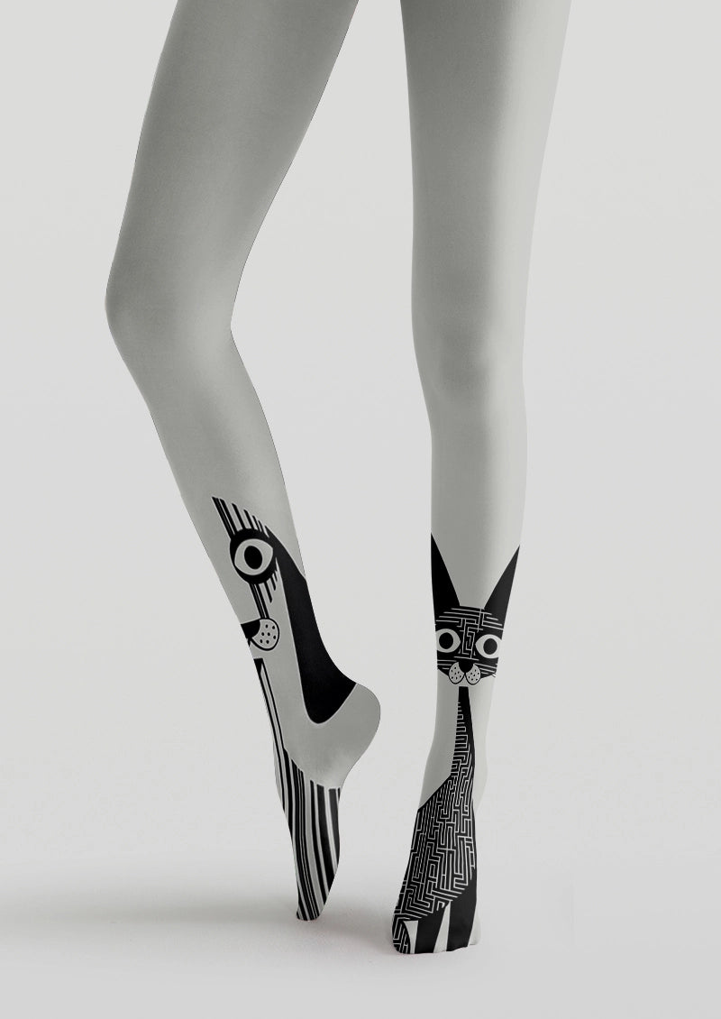 Black and White Cat and Dog Graphic Tights Hosiery Pantyhose