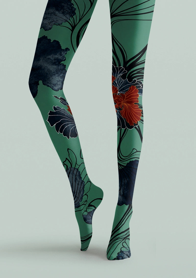 Green Botanical Floral Print Tights Hosiery Pantyhose