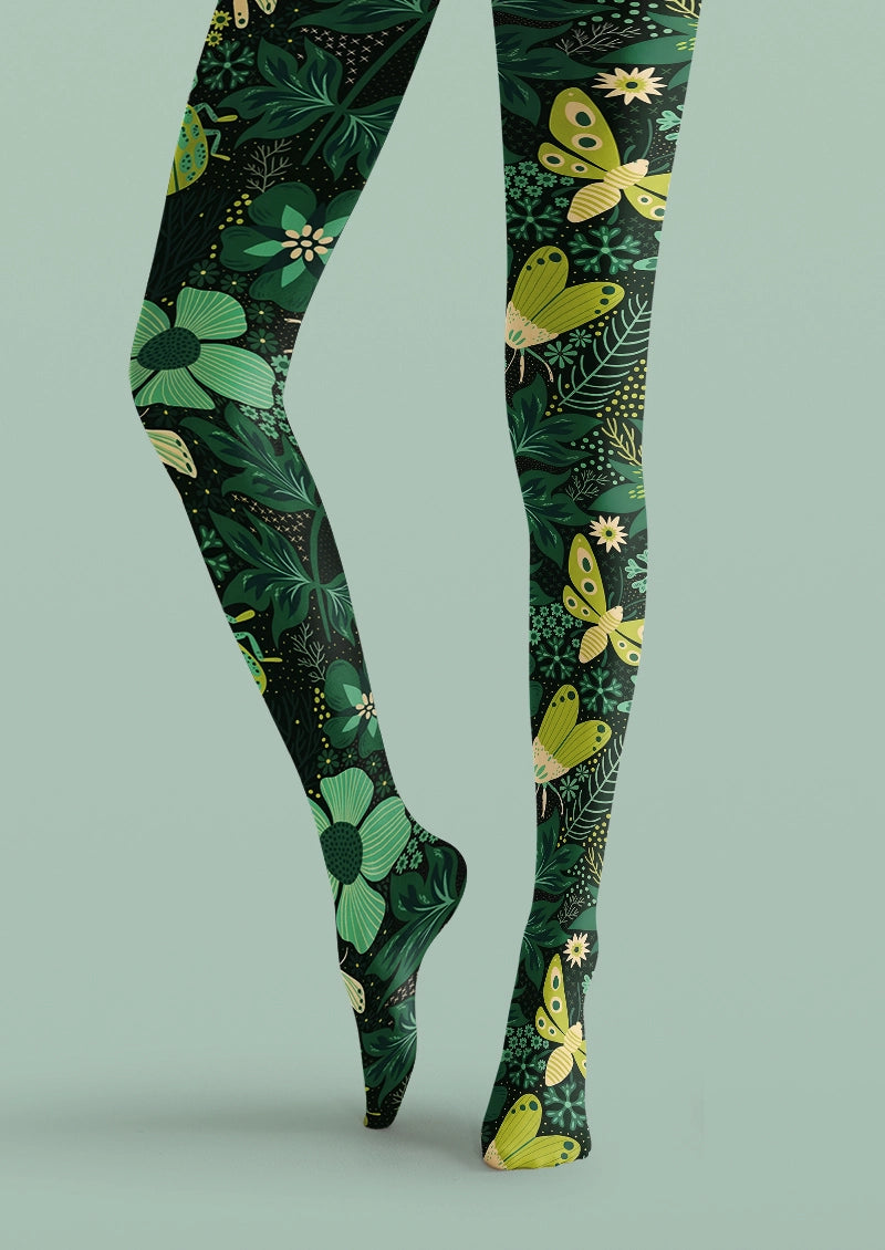 Botanical Moth and Floral Print Tights Hosiery Pantyhose