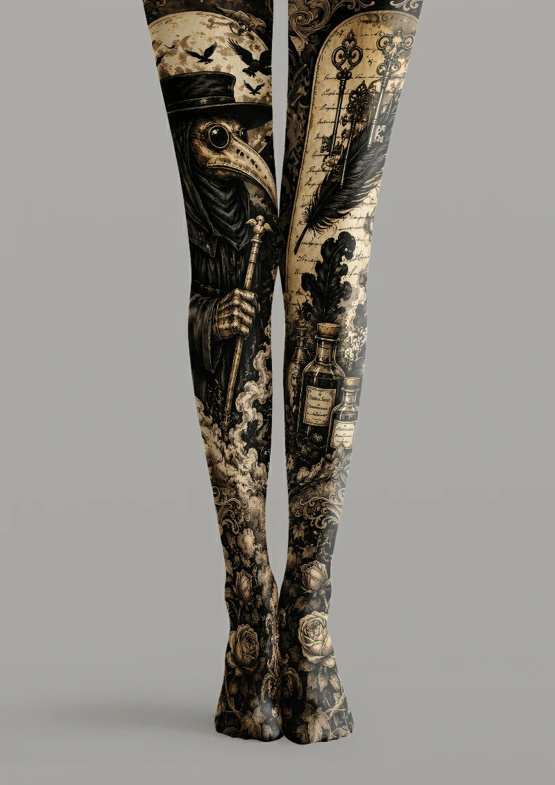 Black printed tights with plague doctor figure, antique keys, feathers, potion bottles and roses