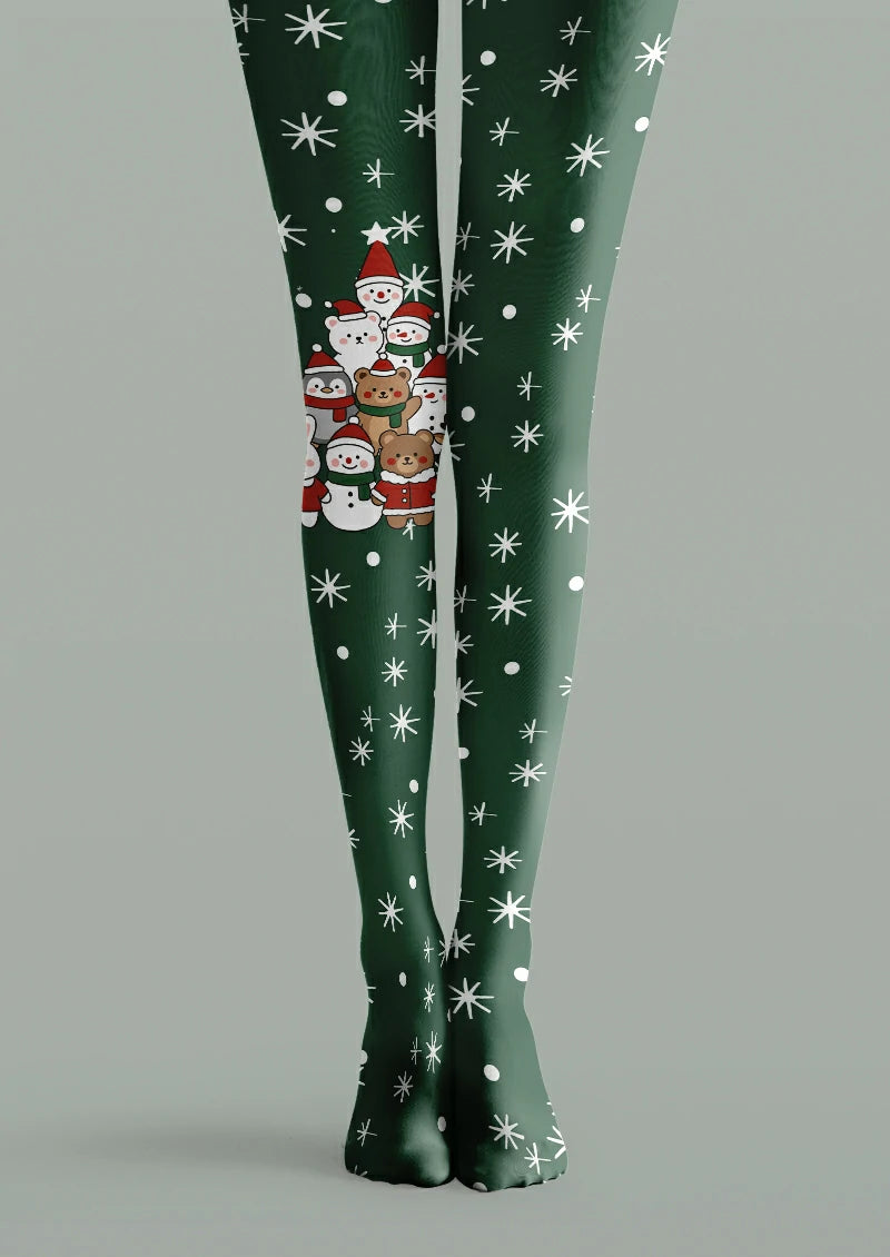 Green printed tights with snowmen, bears and a penguin in Santa hats on one leg, plus white starbursts and dots.