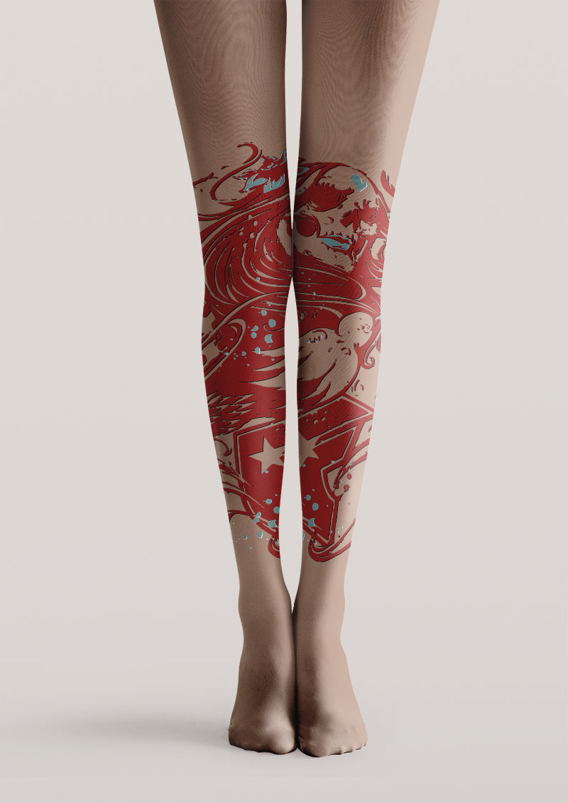 Red Wave Graphic Tattoo Print Tights Hosiery Pantyhose