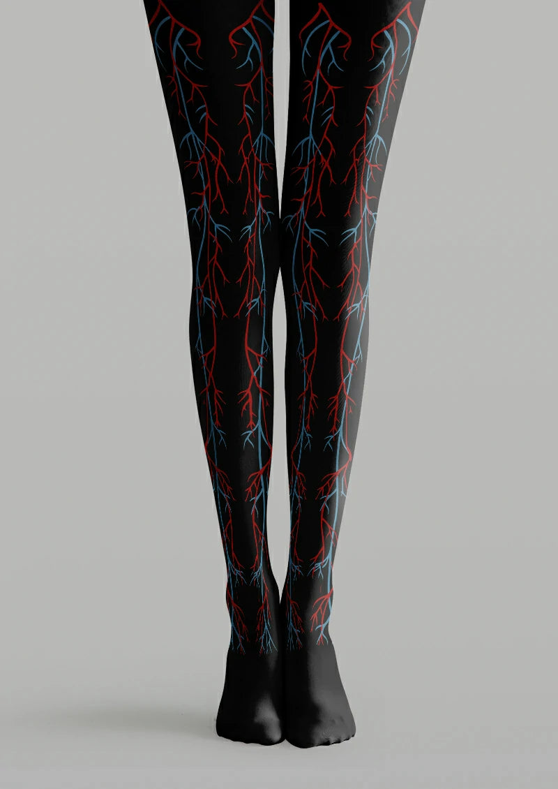 Black printed tights with branching red and blue anatomical vessel lines