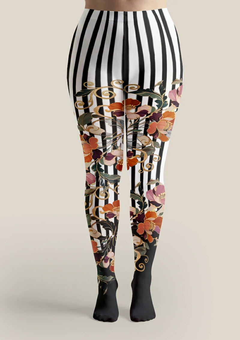Black Floral Stripe Tights