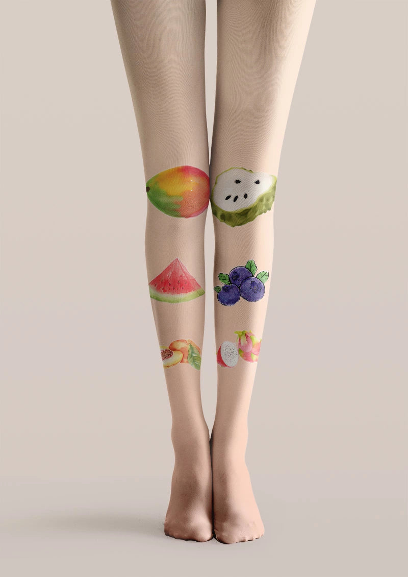 Watercolor Fruit Tattoo Print Sheer Tights Hosiery Pantyhose