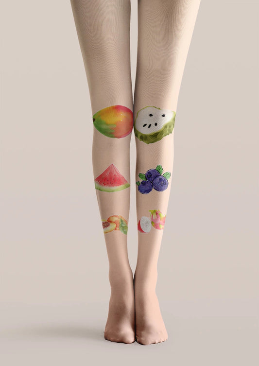 Watercolor Fruit Tattoo Print Sheer Tights Hosiery Pantyhose