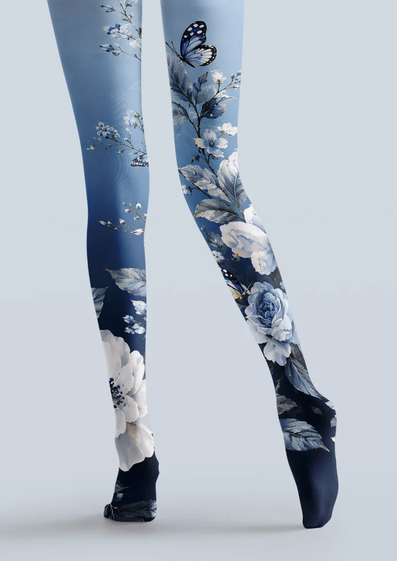 Blue Floral Butterfly Tights