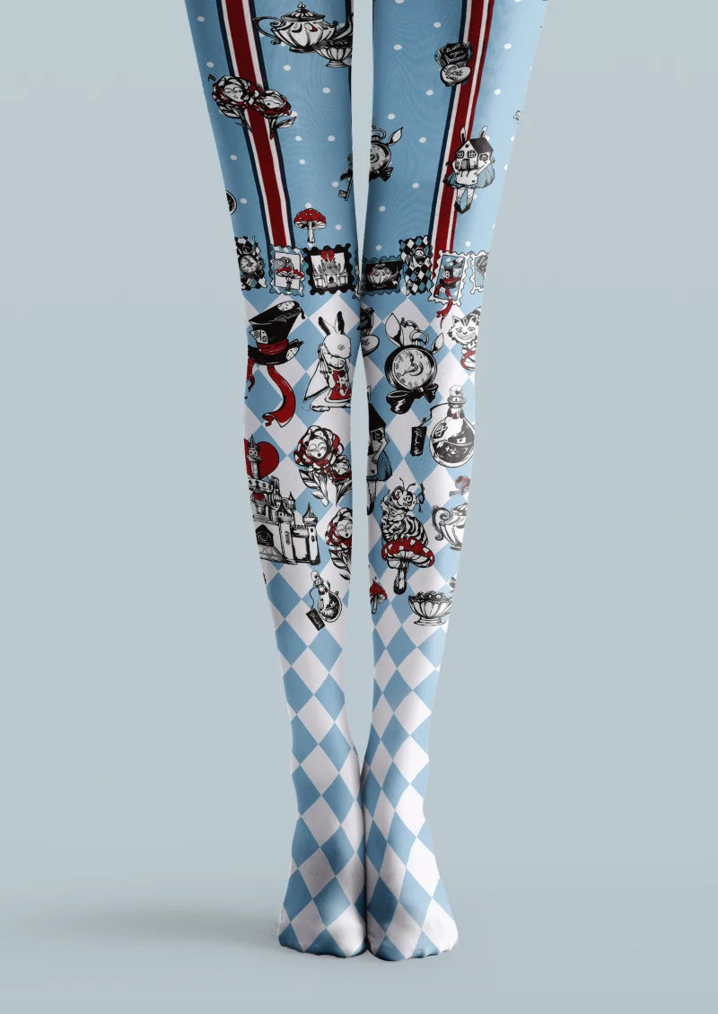 Blue printed tights with illustrated rabbits, teapots, clocks, red stripes, white dots, and blue-and-white diamond checks.