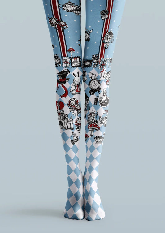 Blue printed tights with illustrated rabbits, teapots, clocks, red stripes, white dots, and blue-and-white diamond checks.