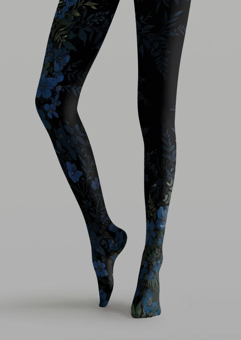 Midnight Blue Floral Tights Hosiery Pantyhose
