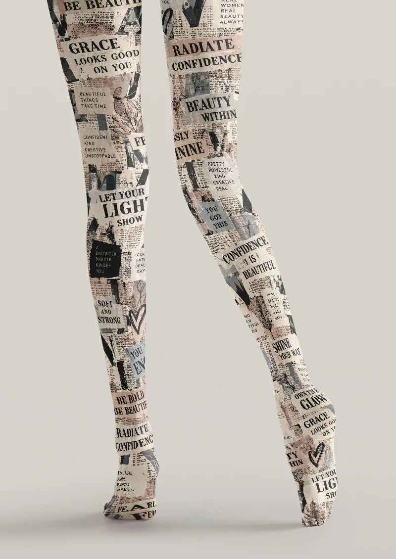 Beige Newspaper Collage Tights