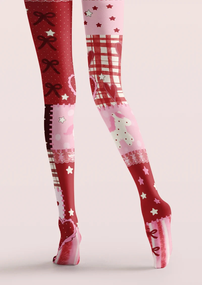 Brown Pink Floral Patchwork Tights