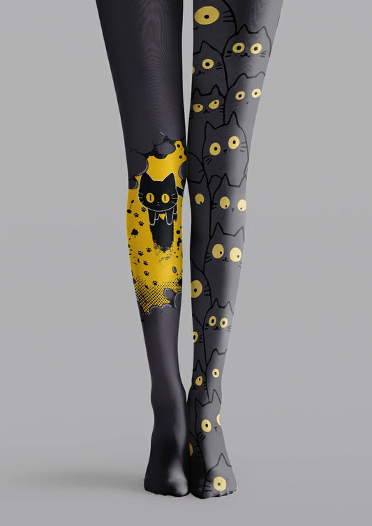 Gray printed tights with black outlined cats, large yellow eyes and a black cat in a yellow panel with paw prints.