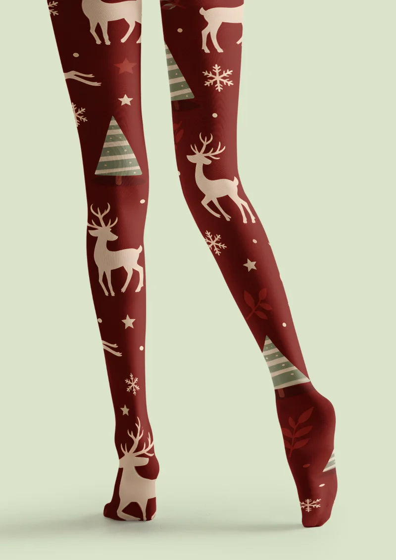 Burgundy Christmas Reindeer Tights