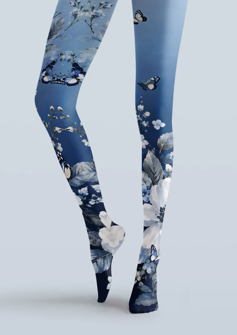 Blue Floral Butterfly Tights