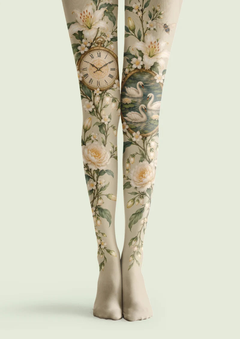 Beige printed tights with ivory flowers, green leafy stems, a Roman-numeral pocket watch, and an oval swan pond scene