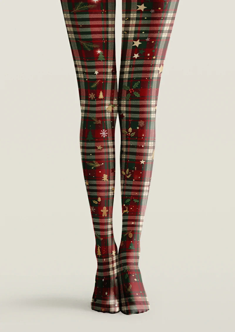 Red and green plaid printed tights with beige lines, Christmas trees, holly, stars, snowflakes and gingerbread figures.